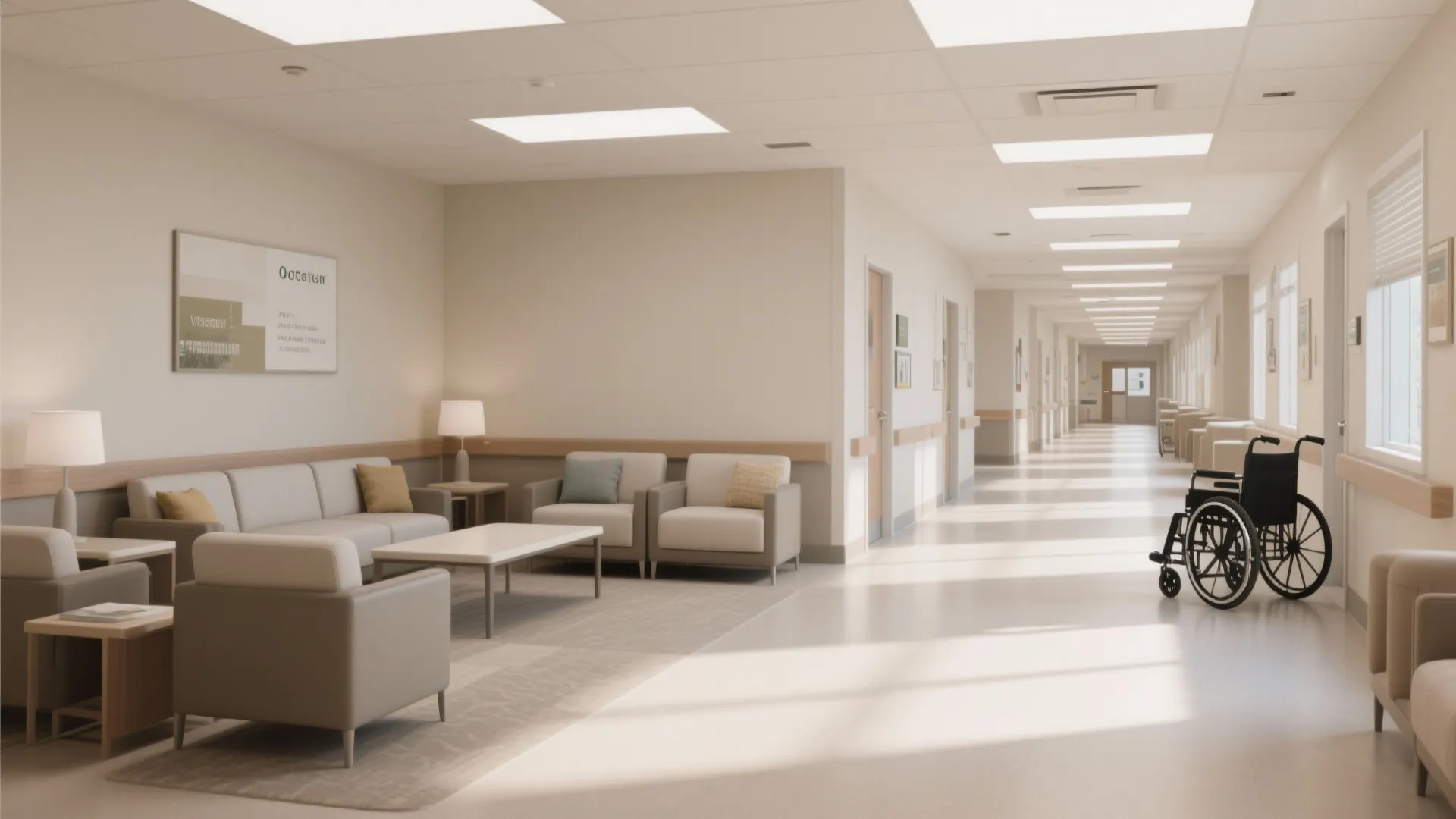Bright hospital hallway with white sofas wooden coffee table large windows and a black wheelchair