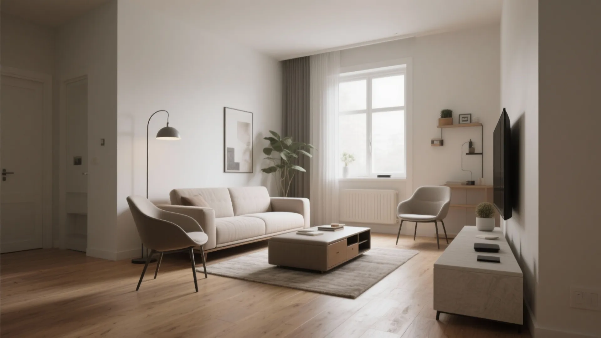 Modern living room with beige sofa grey chairs coffee table floor lamp and bright window
