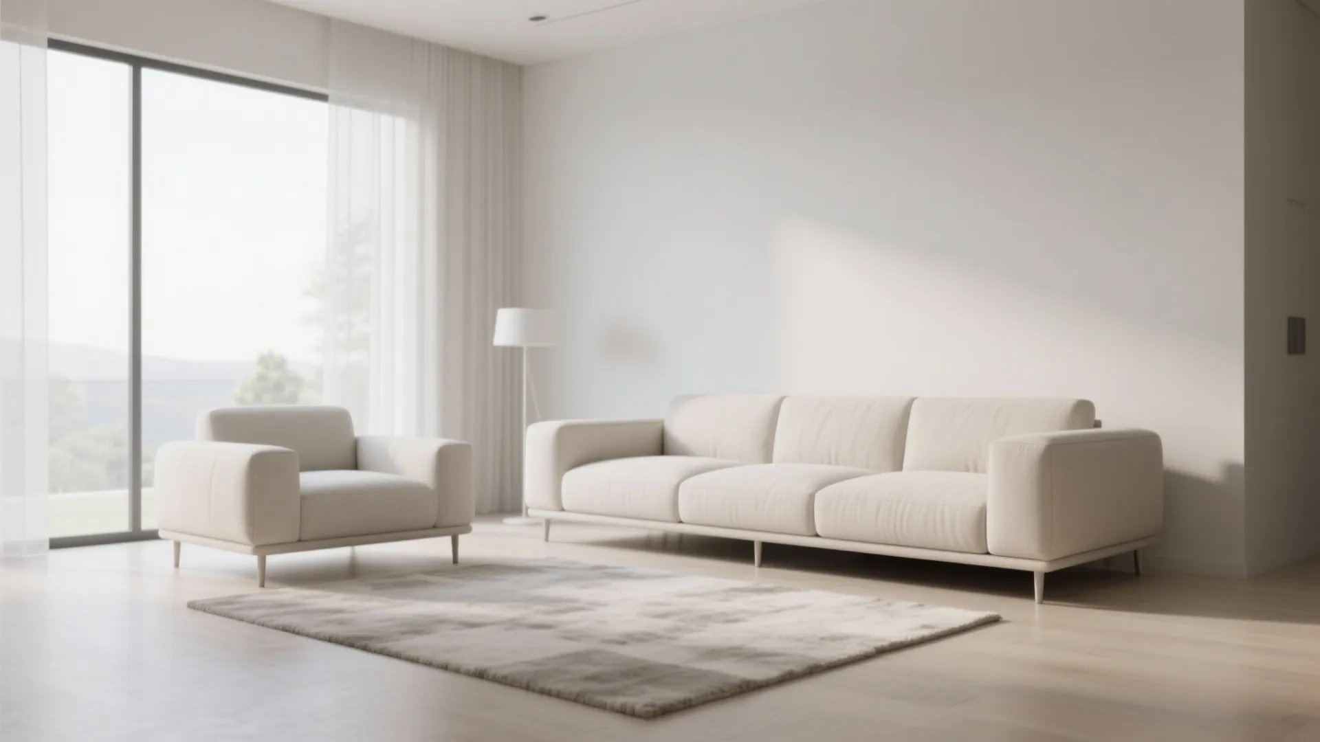 Minimalist white living room with cream sofa matching armchair small rug and standing floor lamp