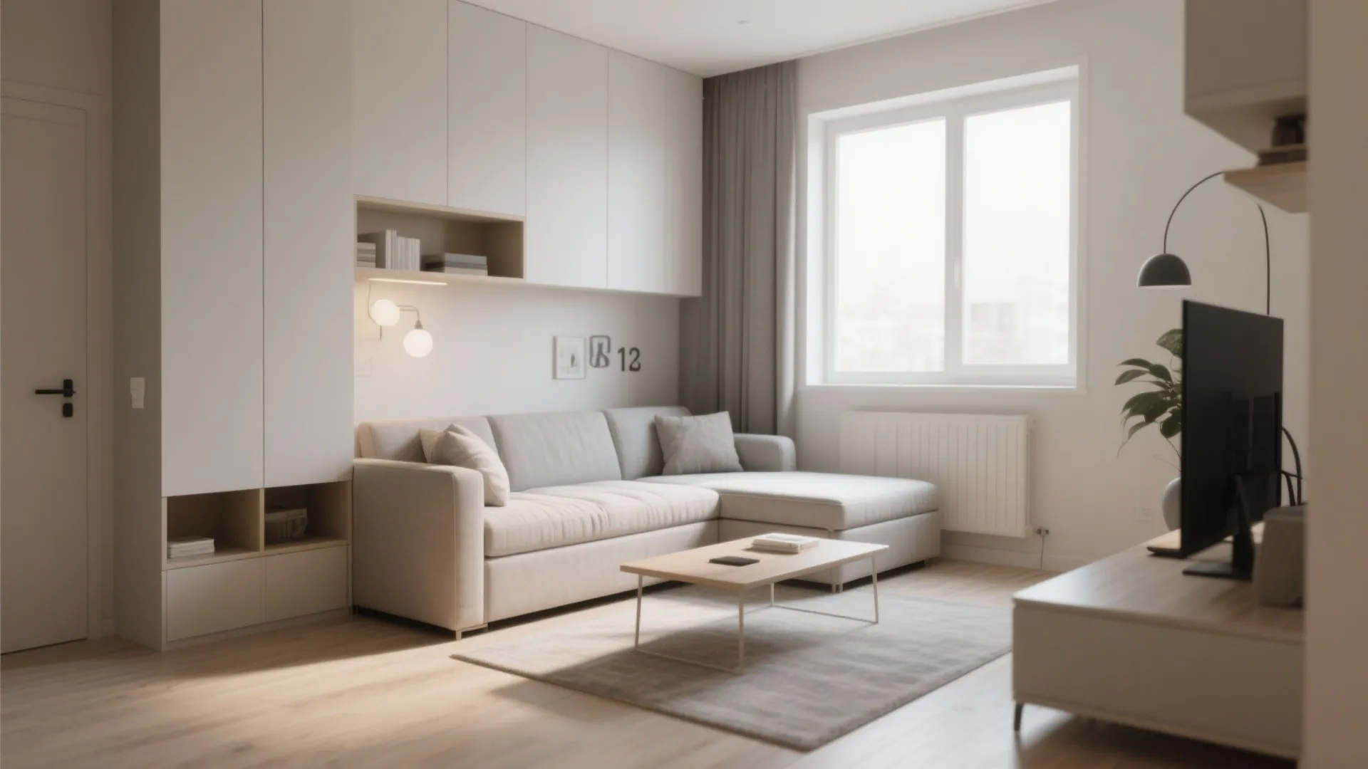 Minimalist living room with beige sofa wooden coffee table white wall cabinets and black television