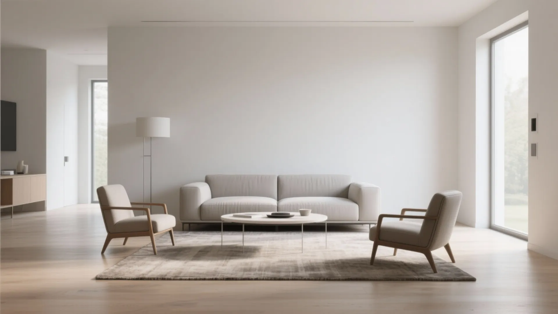 Minimalist living room design featuring a light grey sofa two armchairs and round coffee table