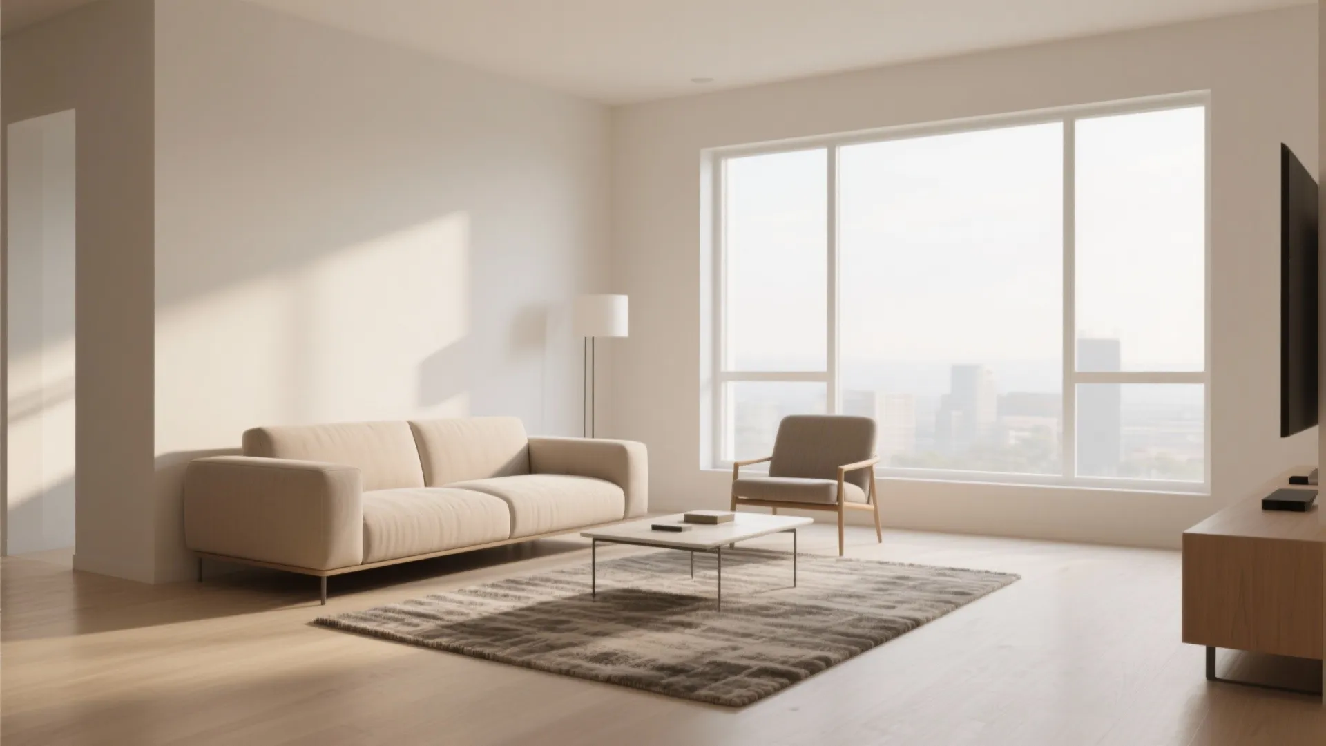 Minimalist living room featuring beige sofa coffee table grey rug wood floor and large windows