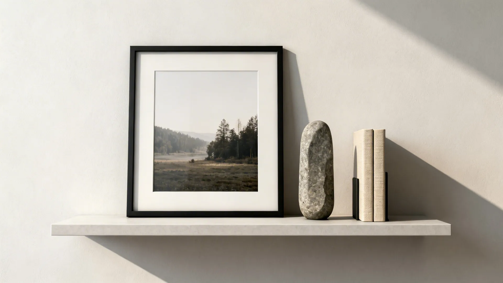 Minimalist gallery-style shelf with one large framed photo, a vertical sculpture, and a slim bookend.
