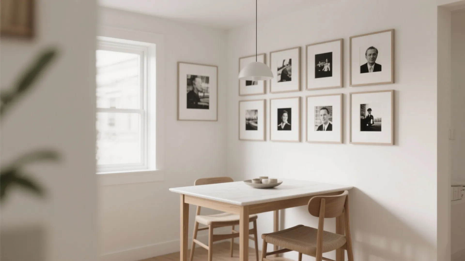 Dining area with wood table and chairs featuring a gallery wall of black framed photos