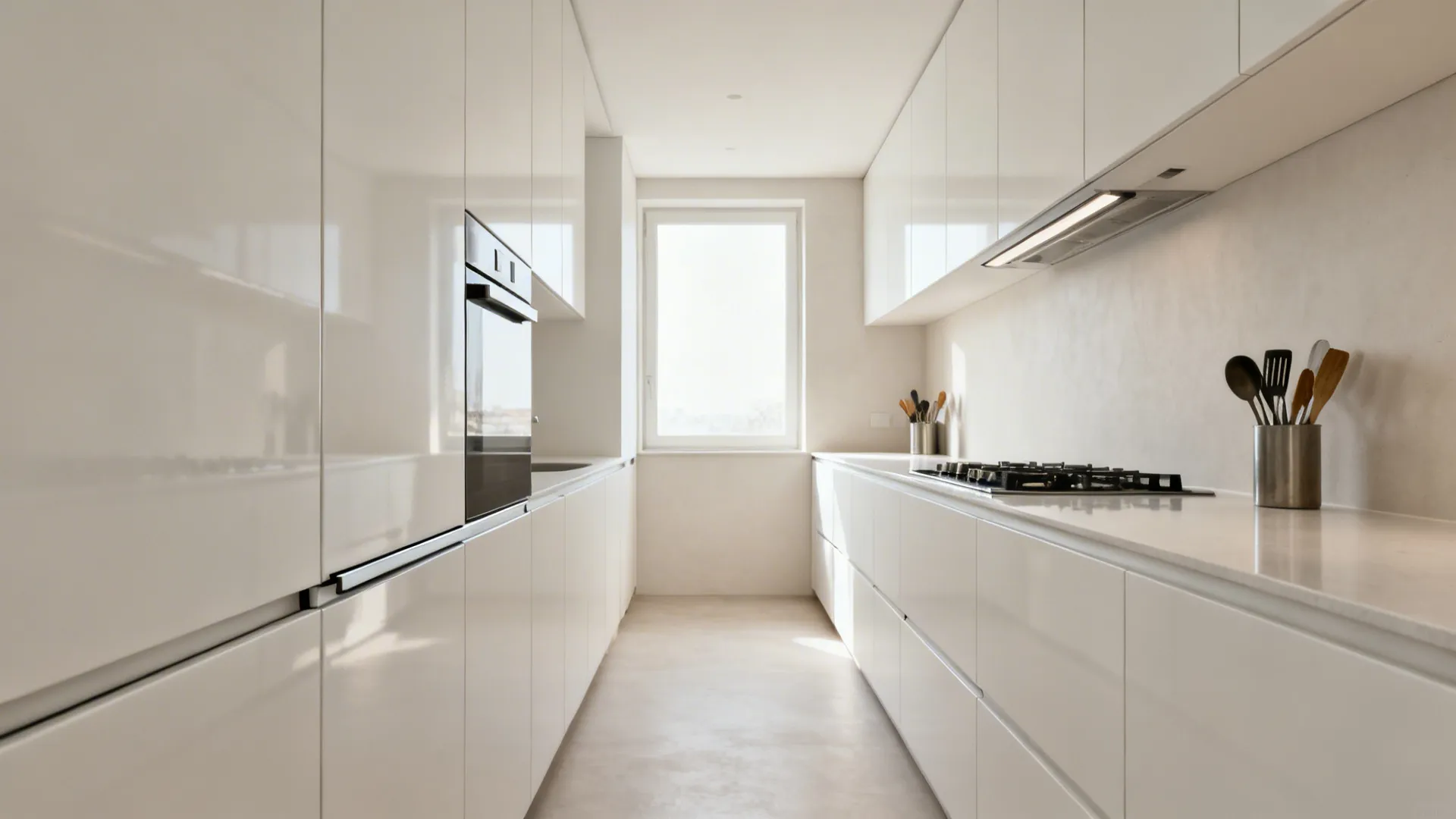 Minimalist 6-foot galley kitchen with handleless white cabinets and concealed rail for utensils.