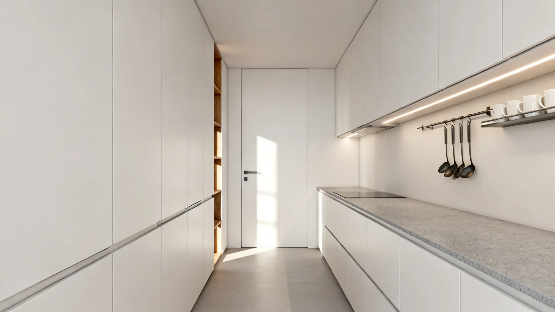 Minimalist galley kitchen with matte white handleless cabinets and a small oak niche under soft daylight.