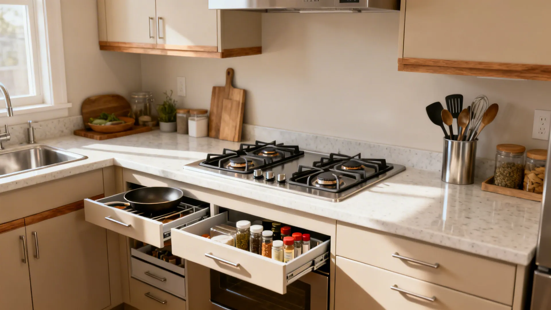 Minimalist cook zone with two-burner gas table and slim drawers in an L-shaped compact kitchen.