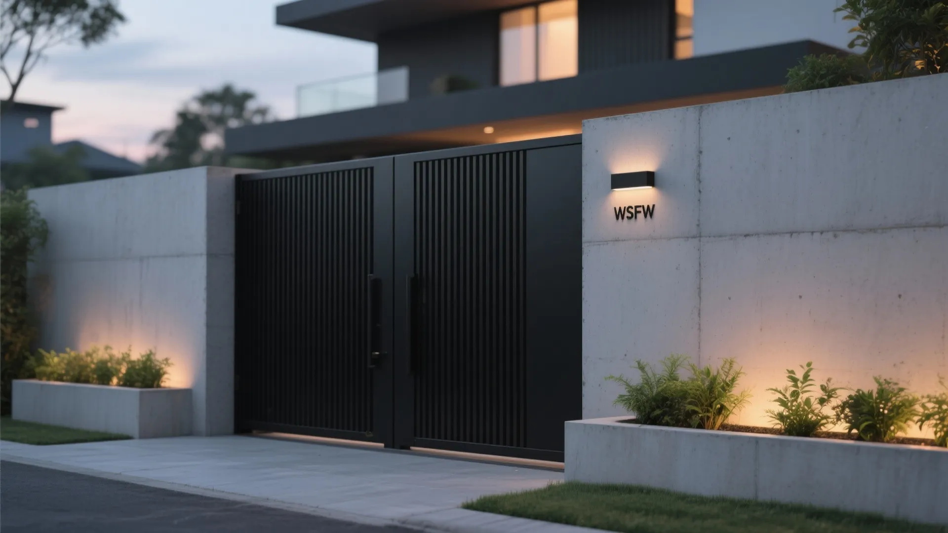 Modern black metal gate with vertical lines and concrete wall with light fixture at night