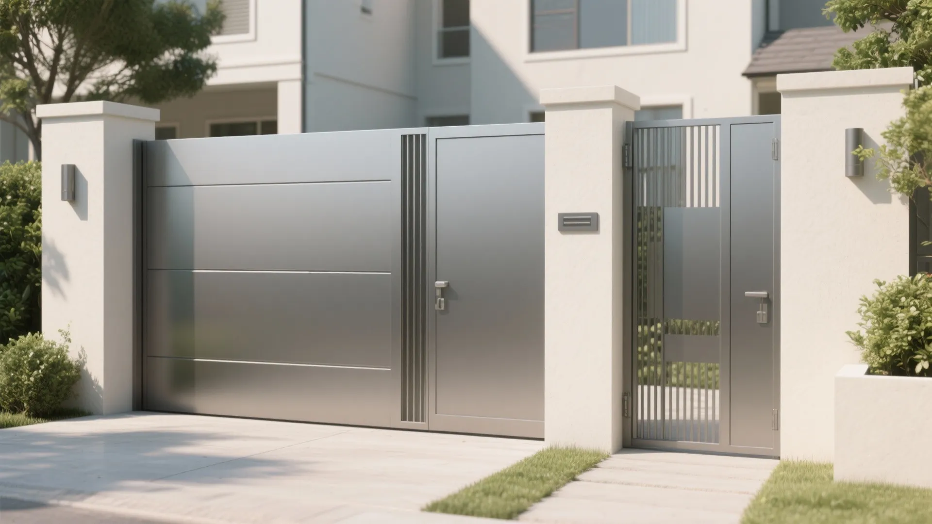 Sleek silver metal front entrance gate and matching side pedestrian door for a modern house