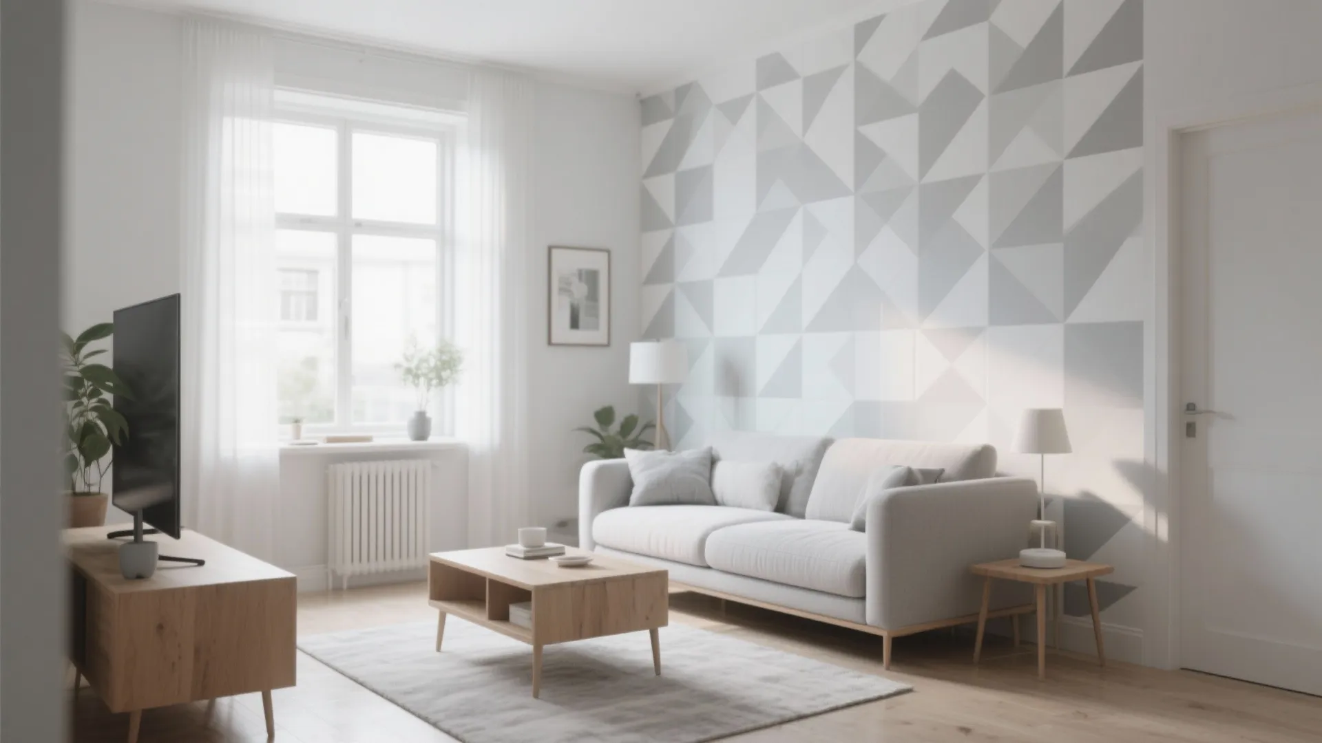 Light grey geometric wallpaper in a Scandinavian-style living room