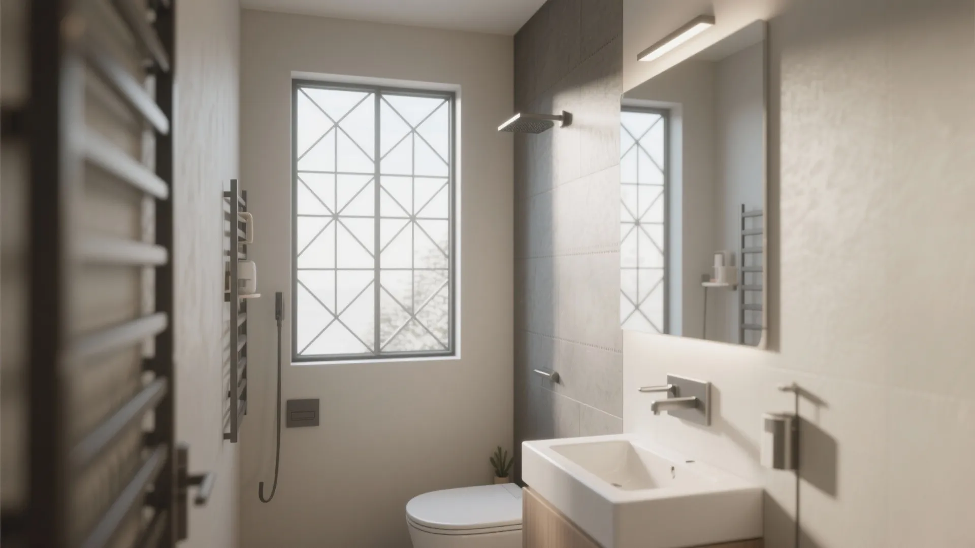 Modern bathroom with white sink, toilet, wall light, mirror, and window with geometric metal frame