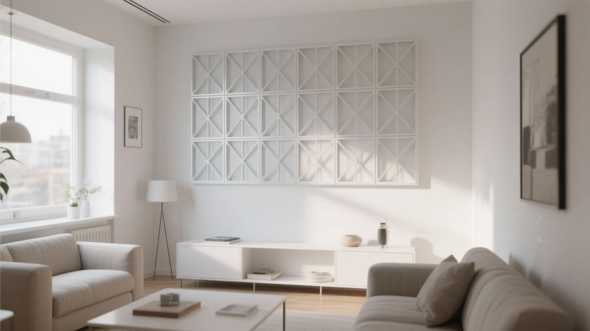 Bright minimalist living room featuring white sofas a white cabinet and geometric white wall panel decoration
