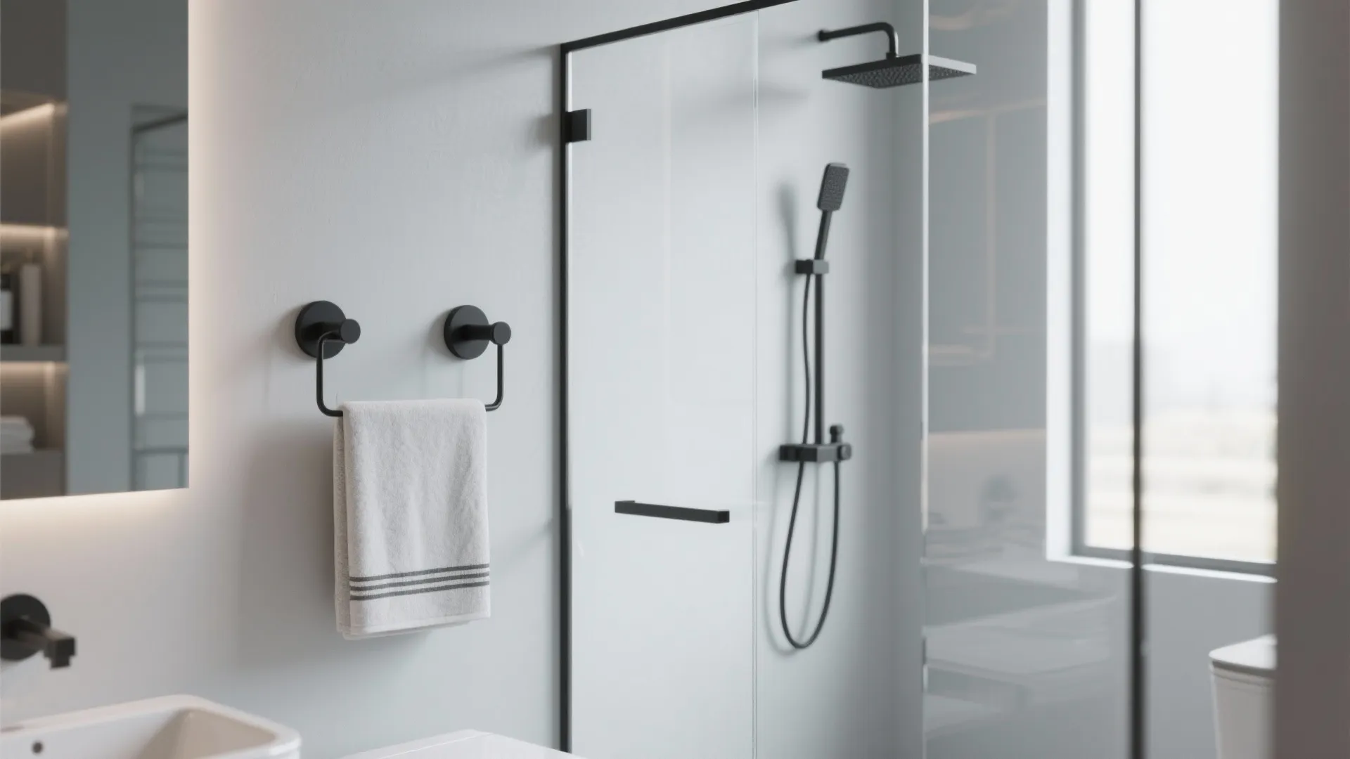 Modern white bathroom featuring black towel rack with white towel and glass shower door black setup