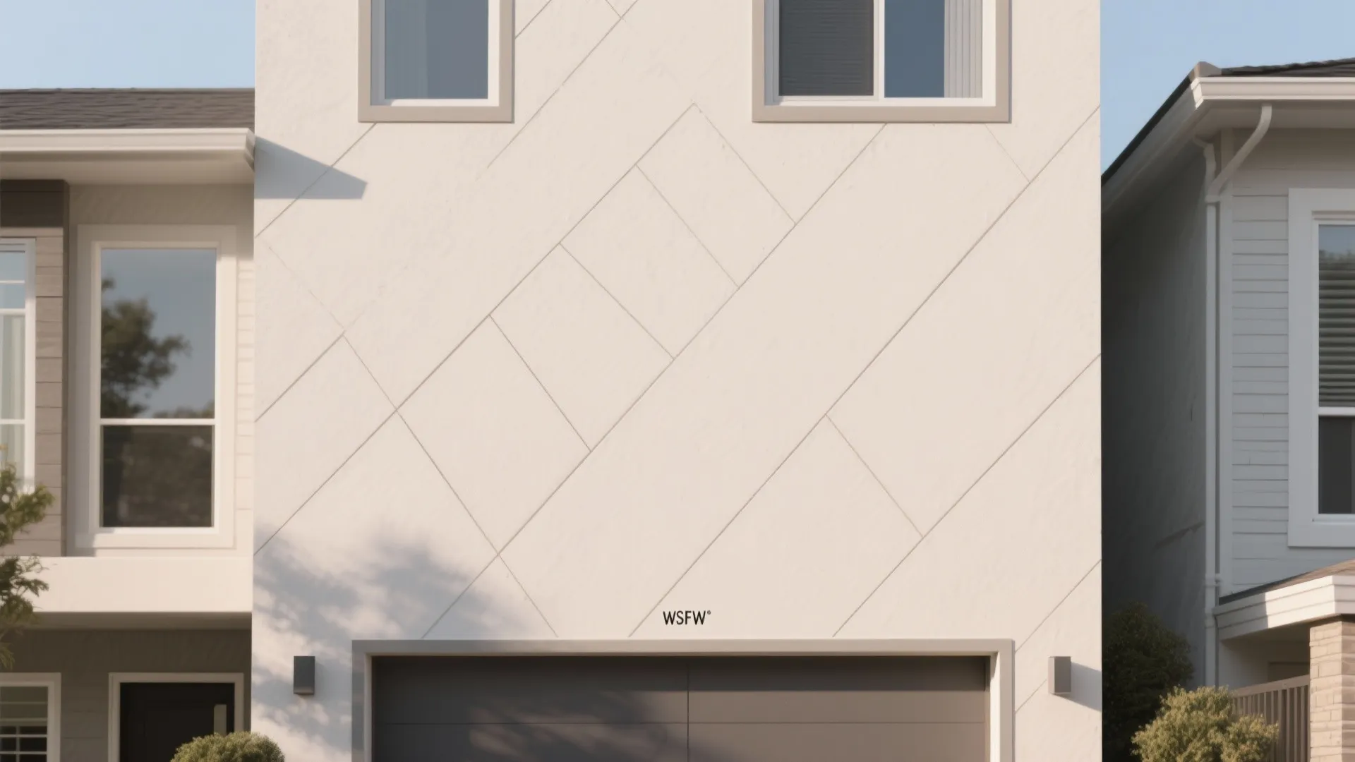 Modern white house exterior with geometric diagonal wall panel lines and small grey garage door
