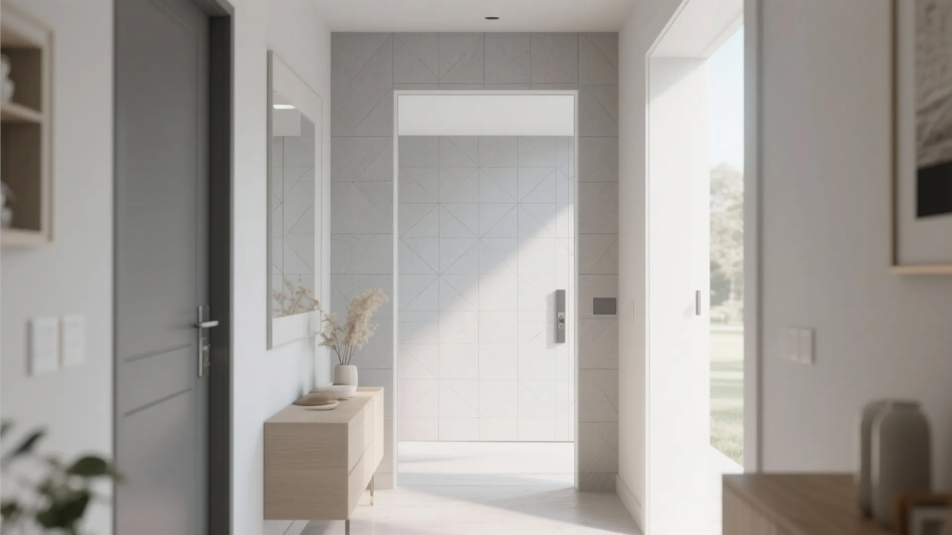 Entryway design with soft grey minimalist geometric wall tiles