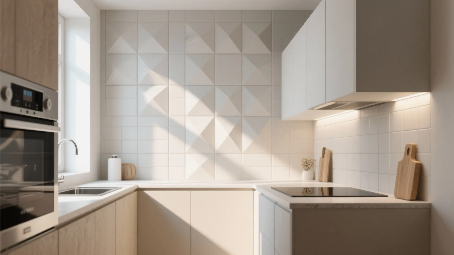 Minimalist kitchen design with white geometric wall tiles plus light wood cabinets and clean counters