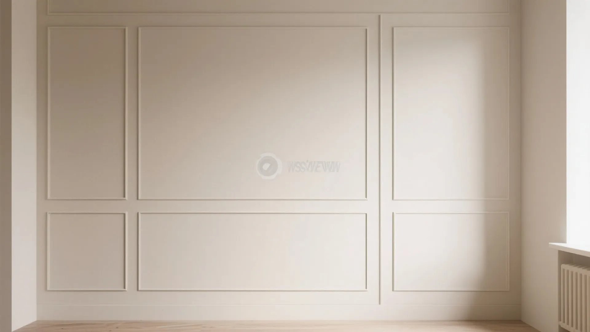 Clean cream colored wall panel design with geometric rectangles in a minimalist and bright modern room