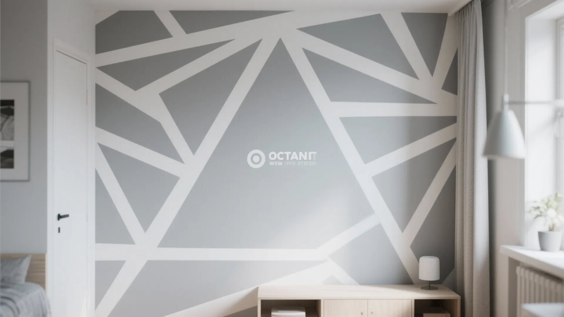 Grey bedroom wall with white geometric line pattern wooden cabinet table lamp and white curtain