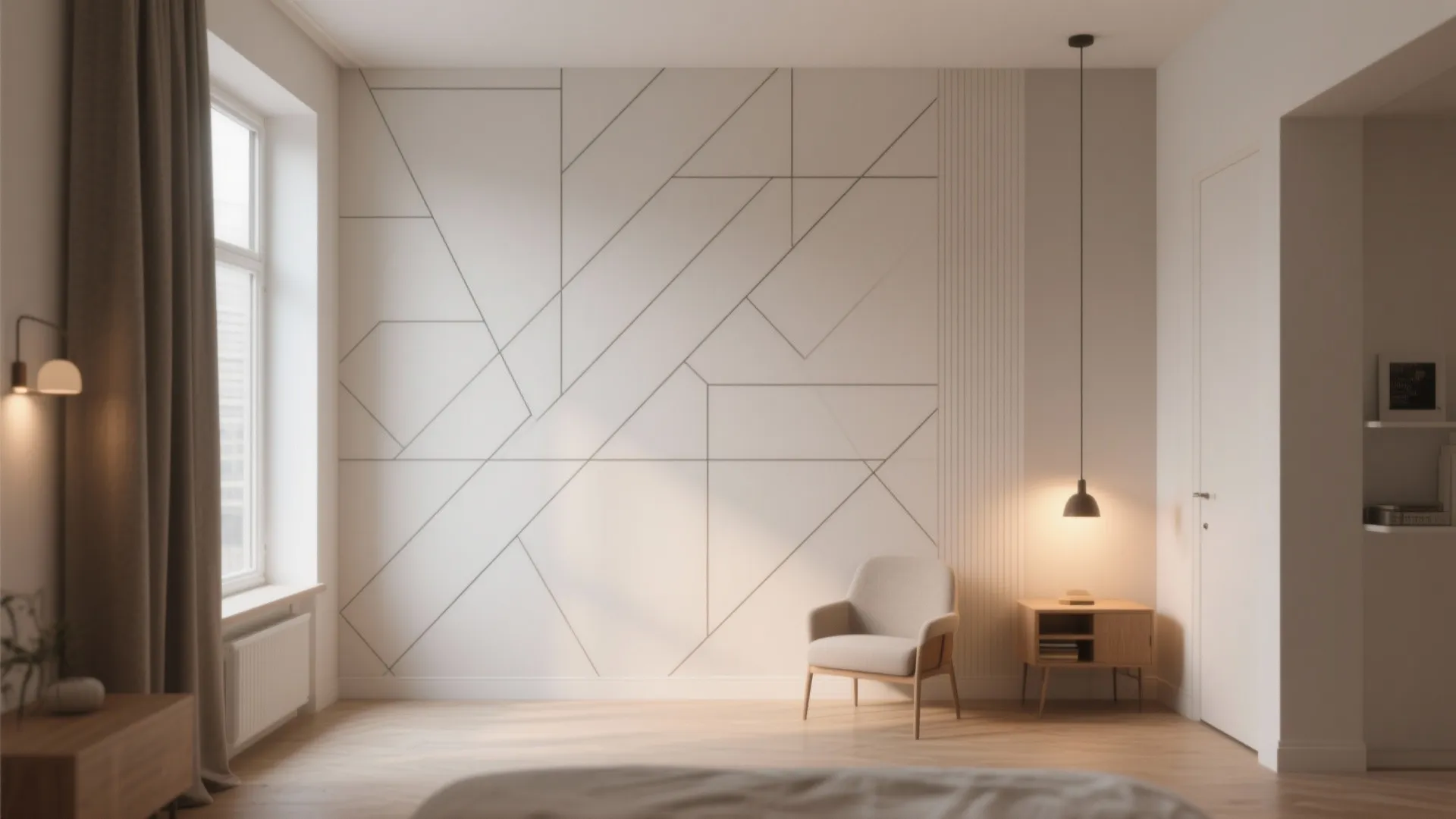 Minimalist room with geometric pattern wall panel beige chair wooden side table and black ceiling light