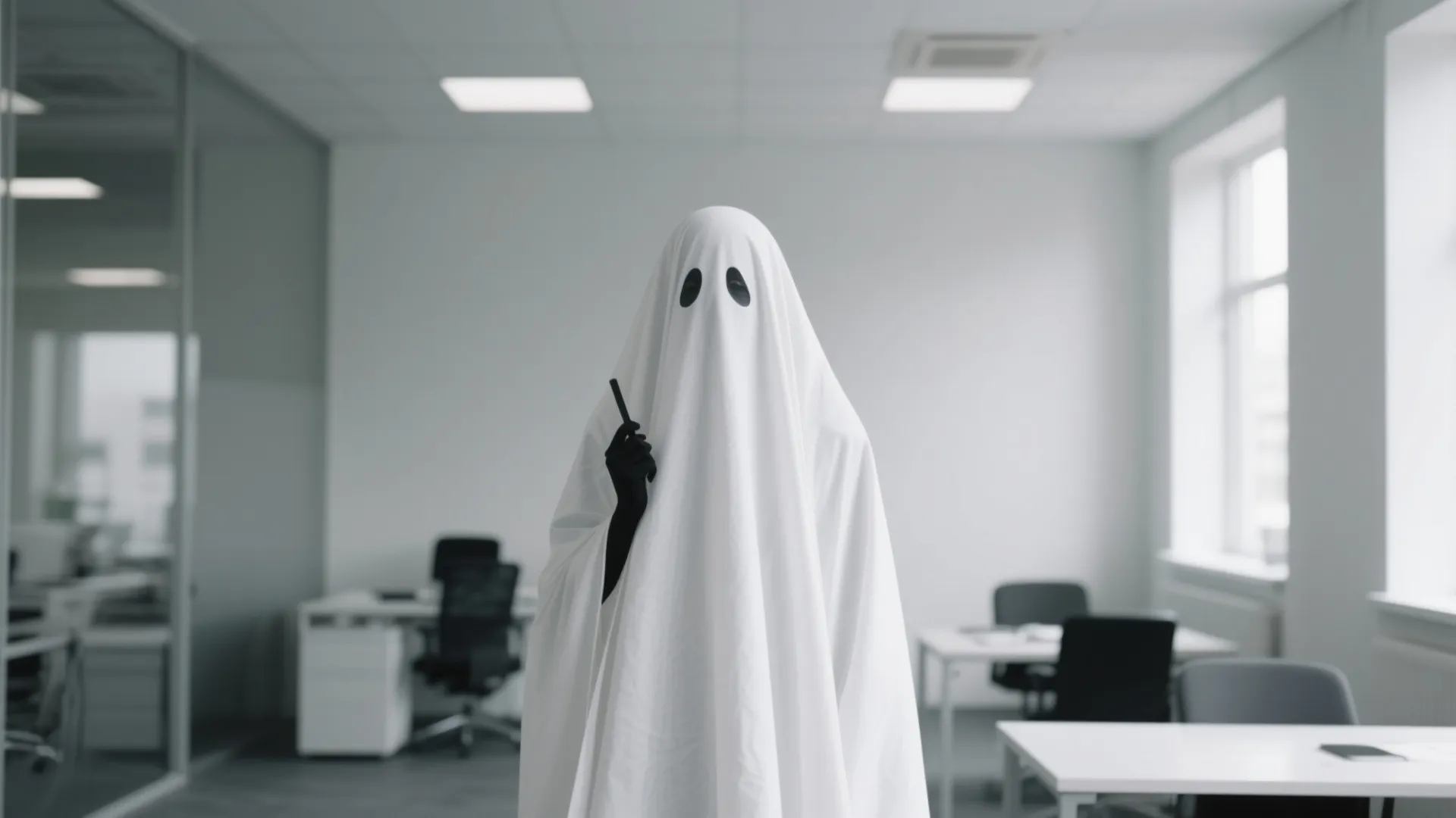 Person wearing white sheet ghost costume standing in modern office with desks and black chairs