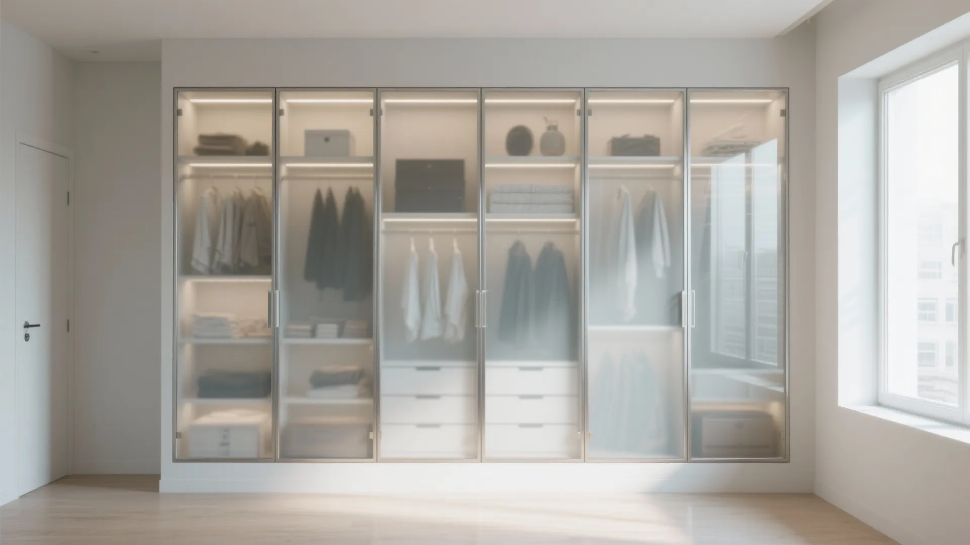 Modern minimalist white cabinet with frosted glass doors and internal light fixtures for clothes storage