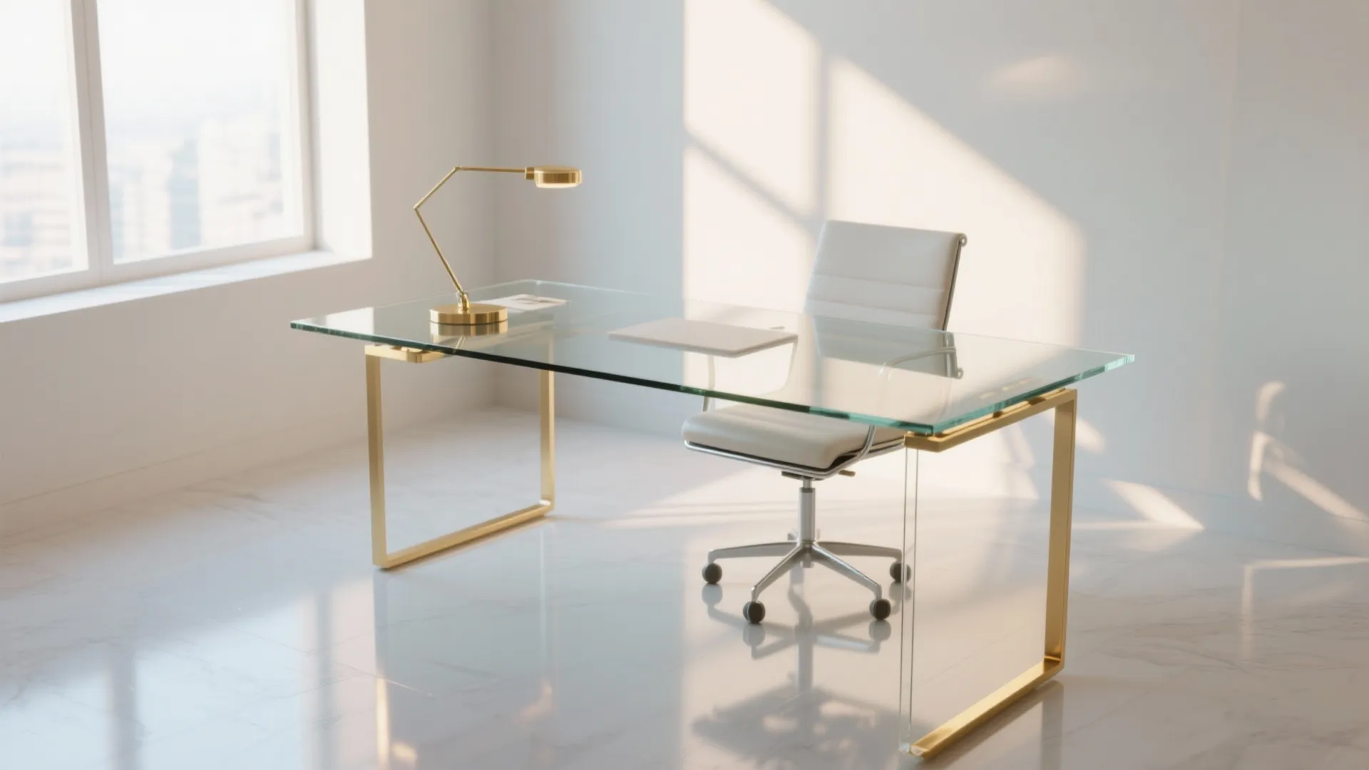 Modern home office with a glass top desk gold metal legs white chair and lamp