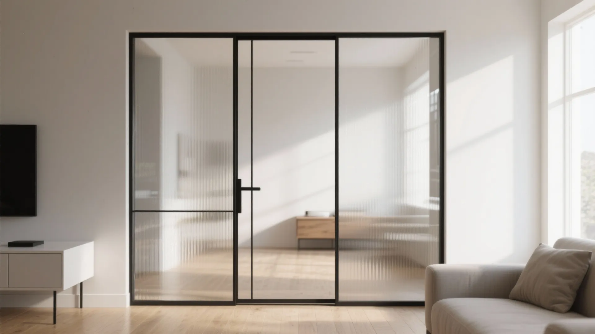 Modern living room featuring black framed ribbed glass sliding door with minimalist sofa and white cabinet