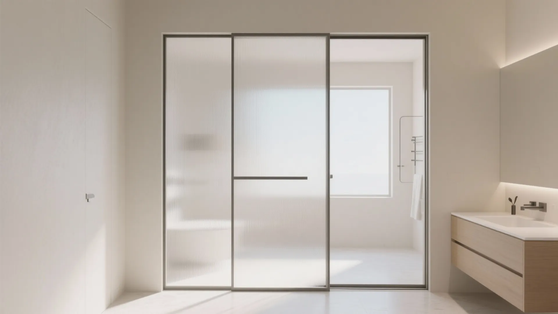 Minimalist bathroom design showing large frosted glass sliding door wooden floating vanity white sink light