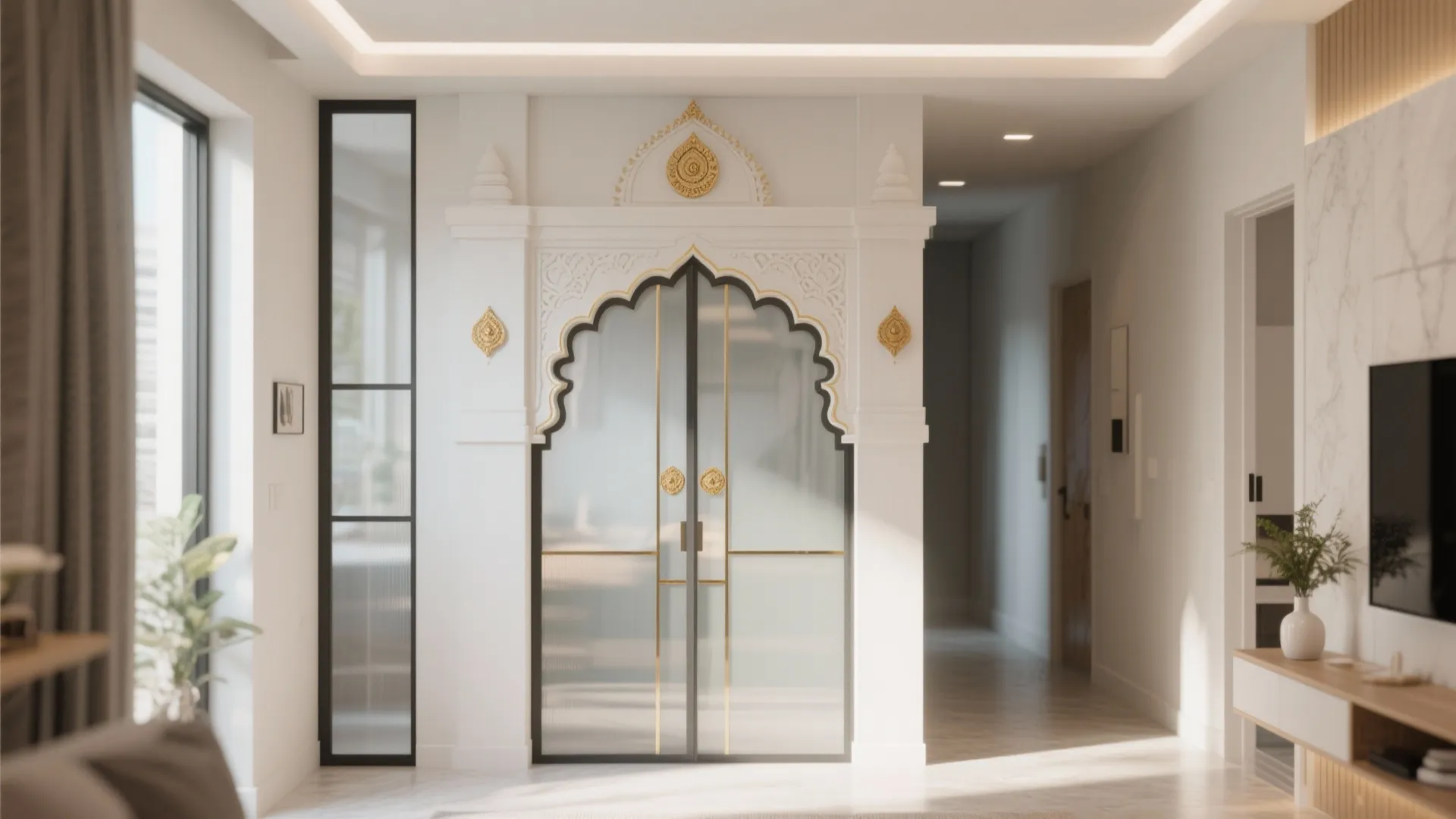 White arched indoor shrine with glass doors and gold accents in a modern home hallway