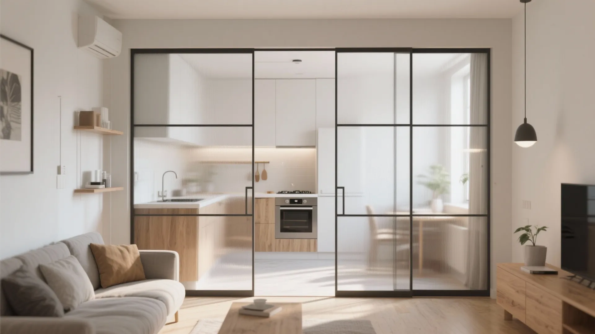 Modern living room featuring black frame sliding glass doors opening into a bright white kitchen