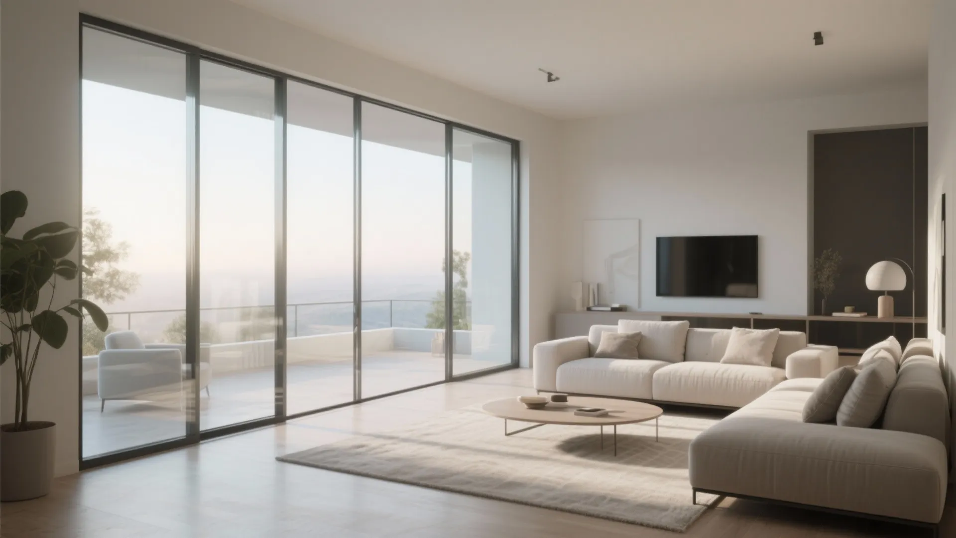 Minimalist living room with floor-to-ceiling glass panels and bright daylight