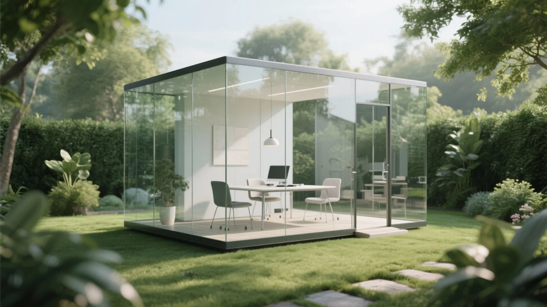 Modern glass office pod in a green garden featuring a white desk and two chairs
