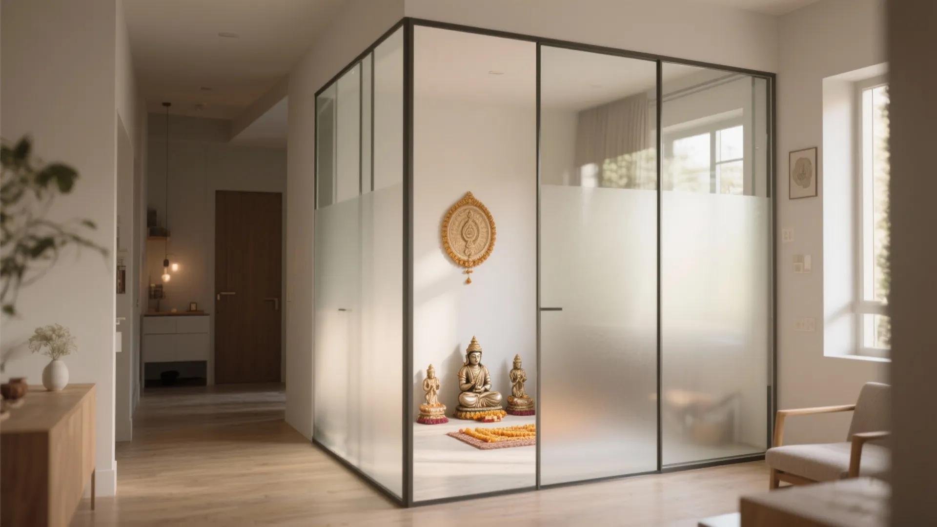 Modern room layout featuring a glass enclosed prayer space with frosted panels and small statues