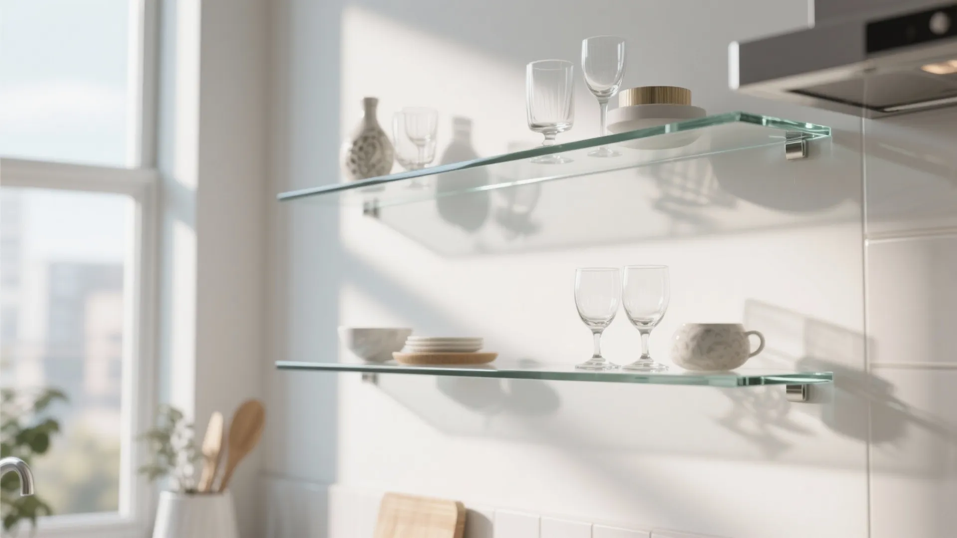 Two modern glass wall shelves holding clear wine glasses white bowls and small ceramic tea cups