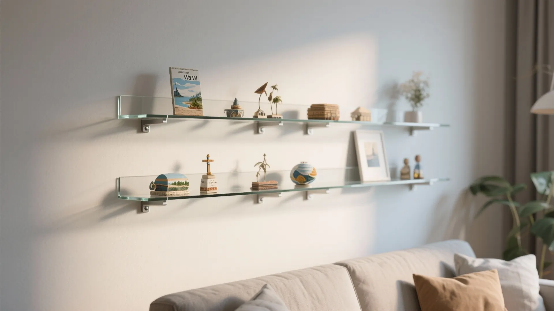 Minimalist glass shelves on white wall above beige sofa with small decorative items and sunlight
