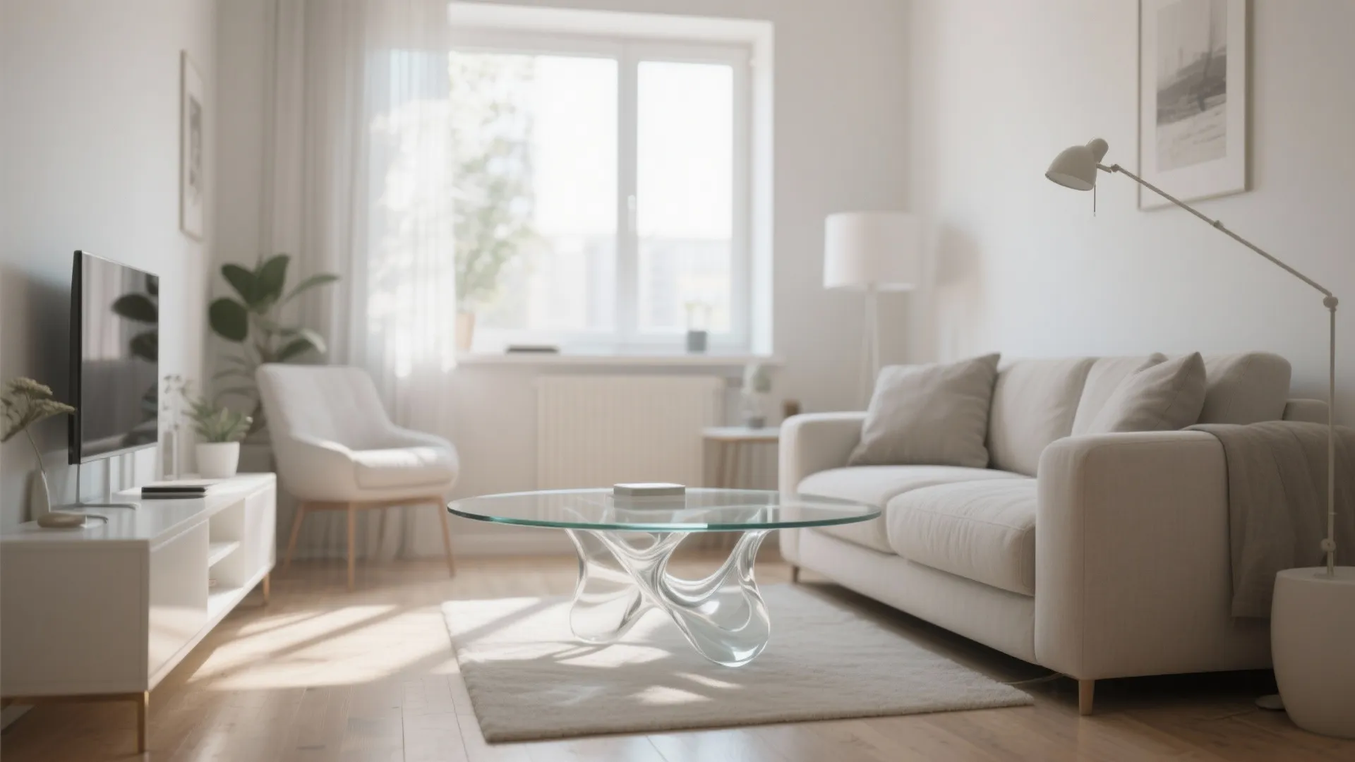 Bright living room with a minimalist glass coffee table and sculptural base