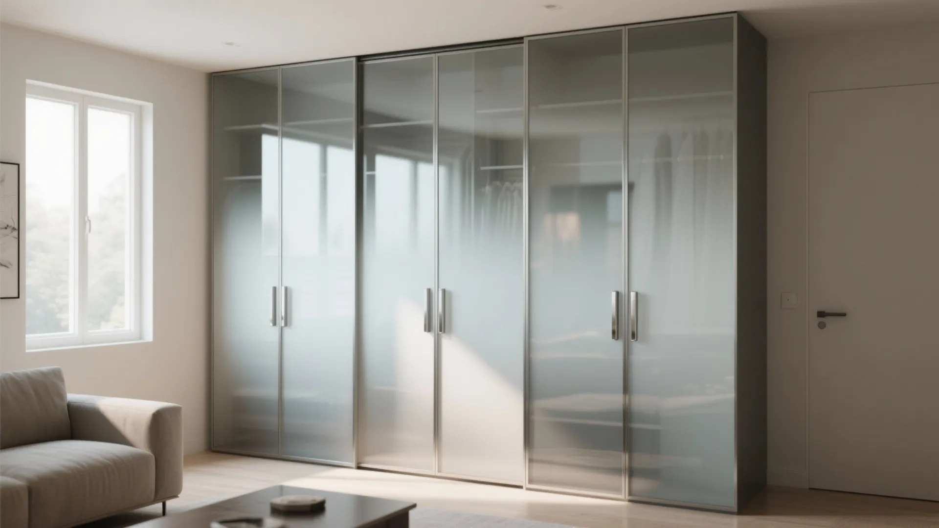 Modern bedroom with large glass wardrobe doors sofa window and natural light for clean interior design