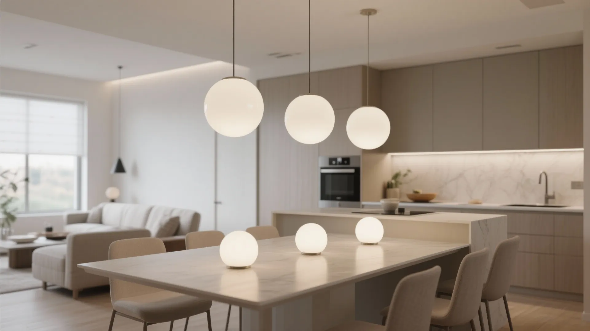 Dining table in open-plan area with opal glass globe lights above