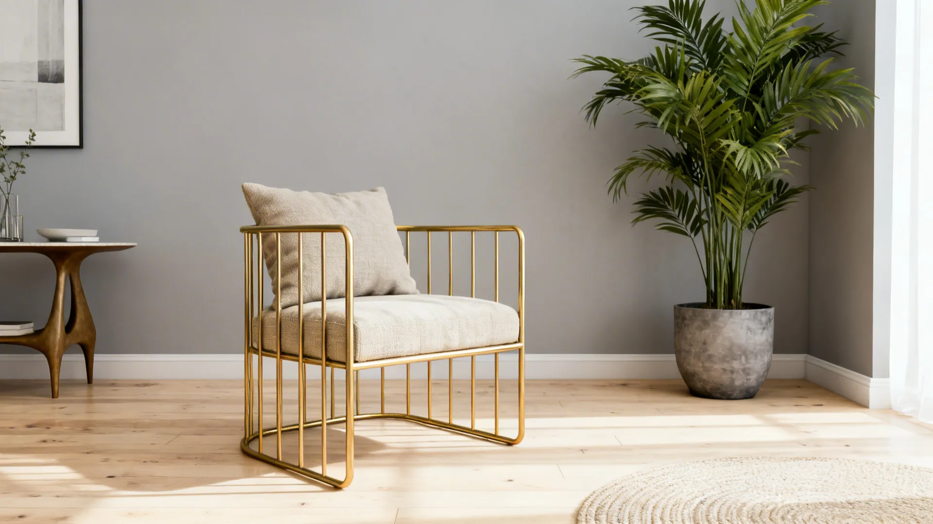 Scandinavian living area with a minimalist gold metal frame chair and linen seat, bright and airy