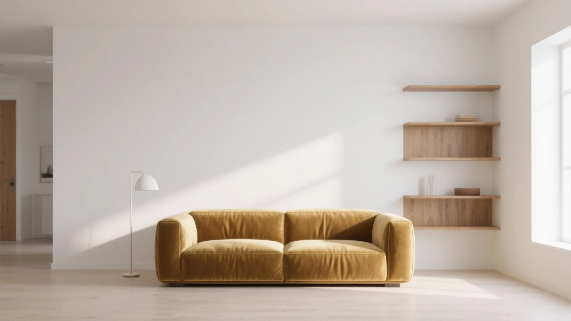 Minimalist living room featuring yellow sofa, white wall, wooden wall shelves, and white floor lamp