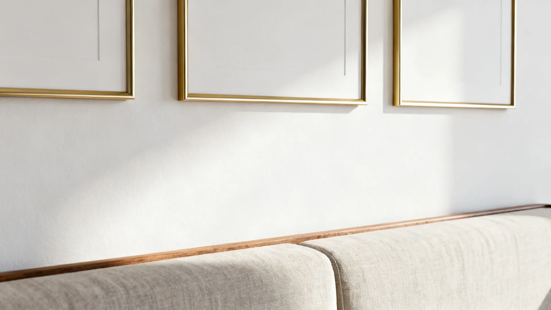 Slim gold line art frames on a white wall above a narrow sofa, evenly spaced and minimalist.
