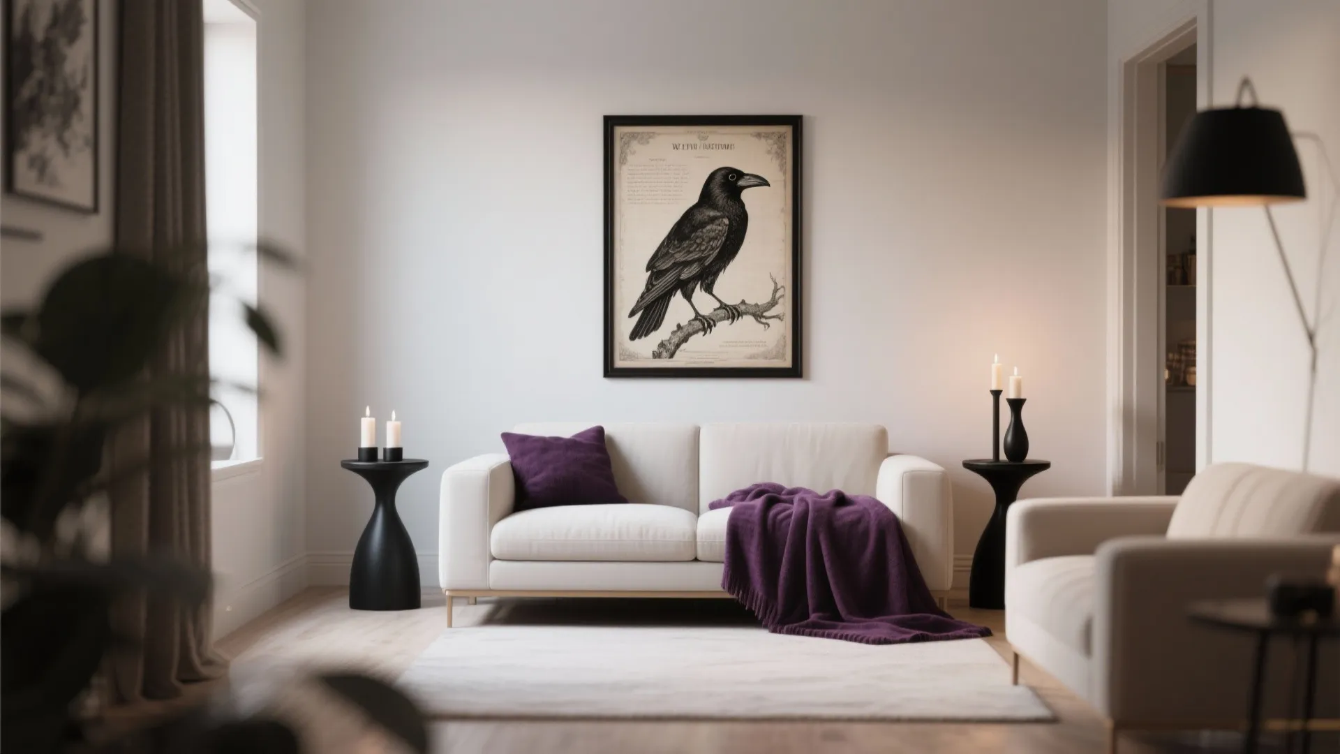 Modern white living room featuring a purple blanket, crow wall art, and black side tables