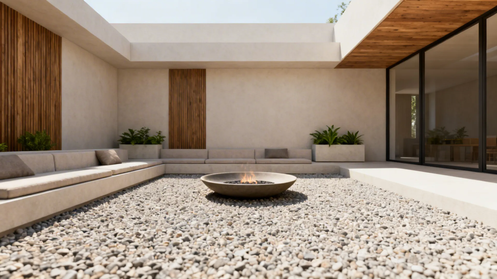Minimalist gravel patio with low seating and a shallow fire bowl creating an airy feel.