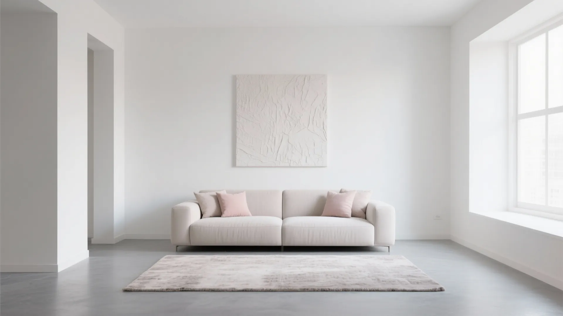 Minimalist white living room with cream sofa soft rug textured wall art and natural light