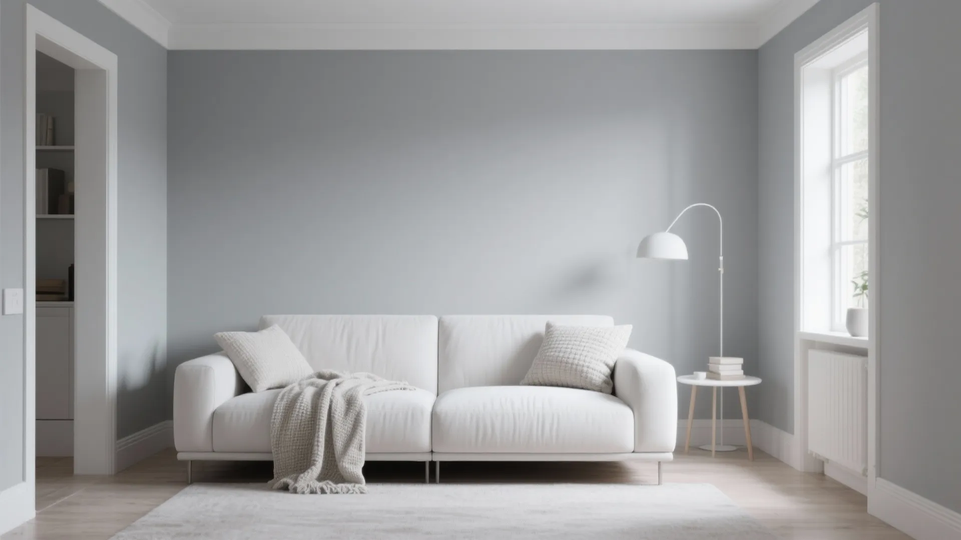 Minimalist living room with white sofa grey walls small side table and white floor lamp