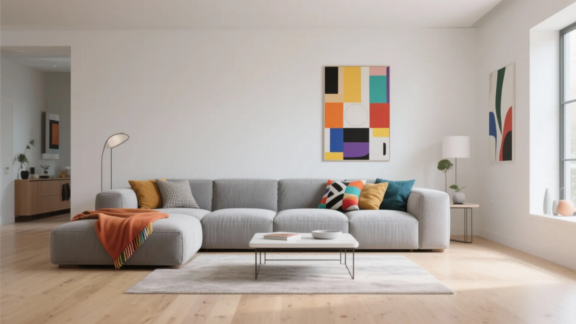 Modern minimalist living room with gray sectional sofa, colorful pillows, white coffee table, and art