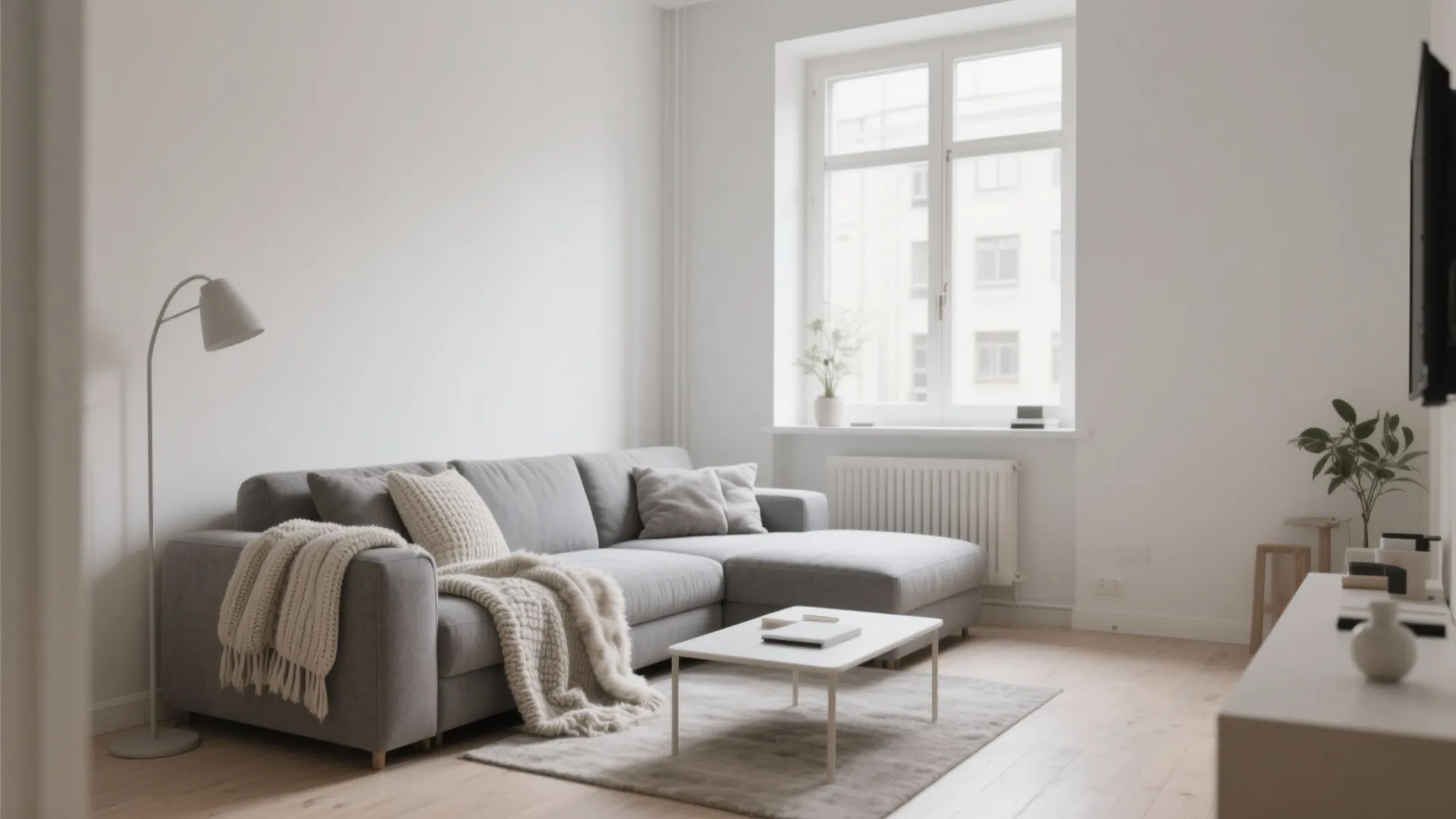 Minimalist living room with gray sofa knit blanket white coffee table and gray floor lamp