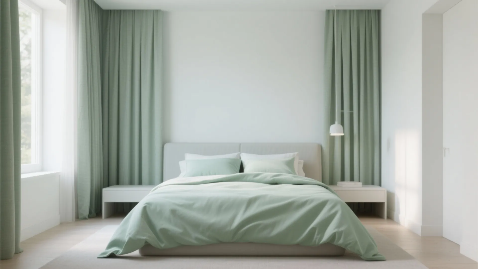 Minimalist bedroom with pistachio bedding and muted sage curtains