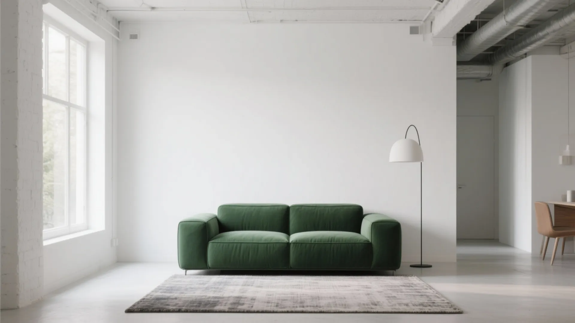 Minimalist white living room featuring a green sofa grey rug floor lamp and large window