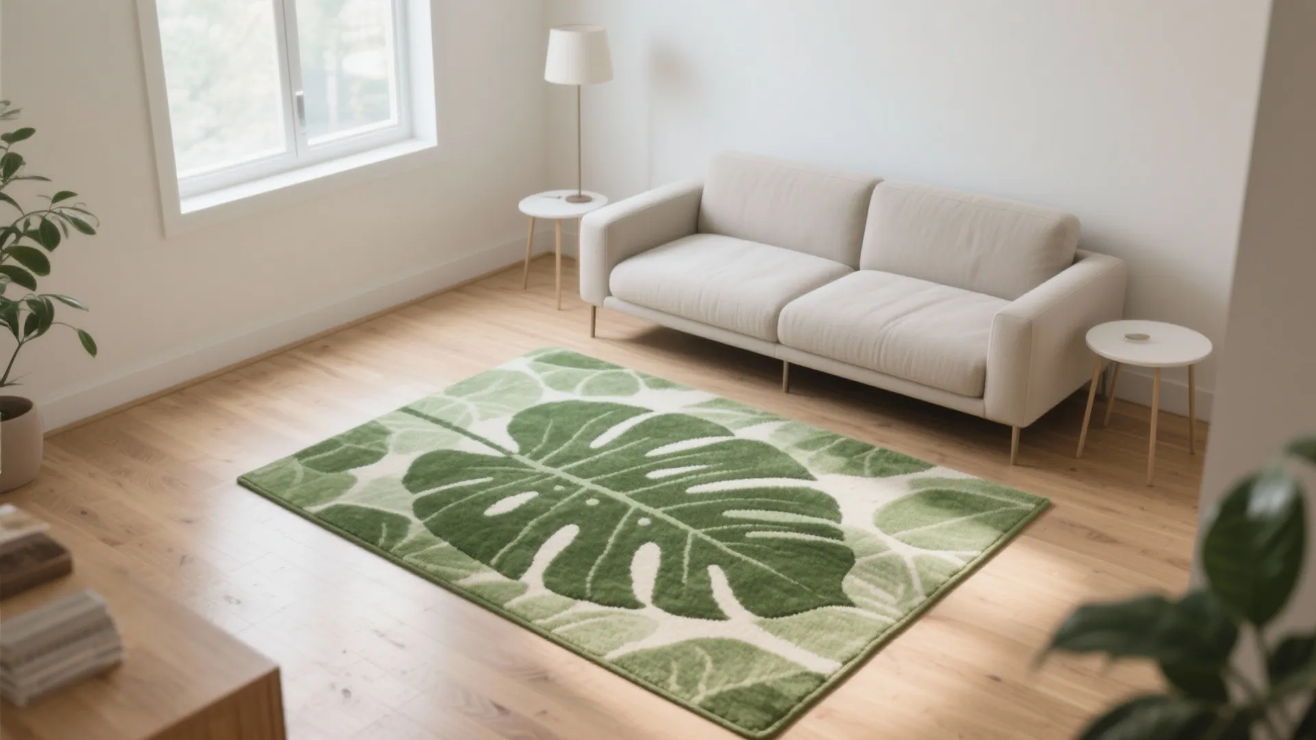 Minimalist living room featuring a green monstera leaf pattern rug on a light wood floor
